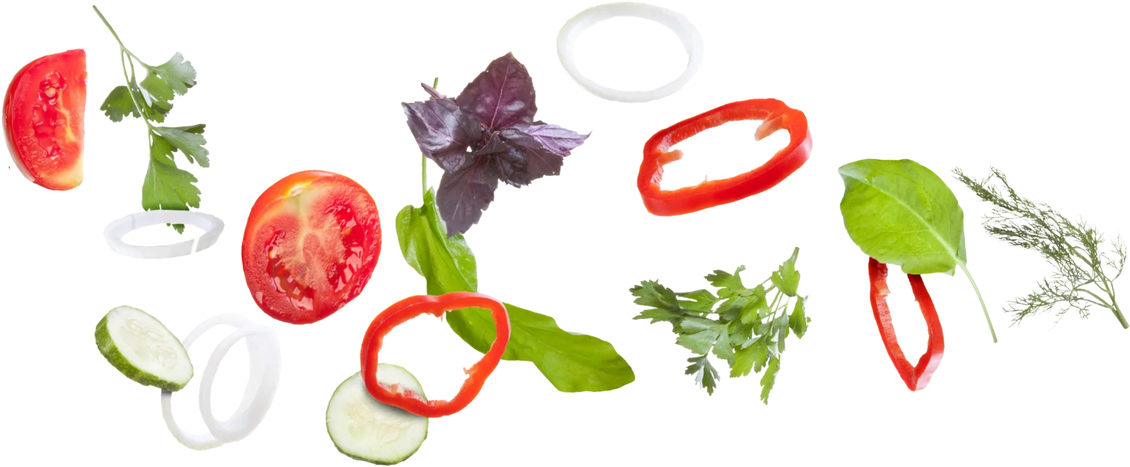Fresh Garden Vegetable Slice Arrangement Clipart Design with Dynamic Floating Elements