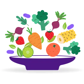 Playful Fruits and Vegetables Clipart: A Colorful Culinary Symphony on a Purple Plate