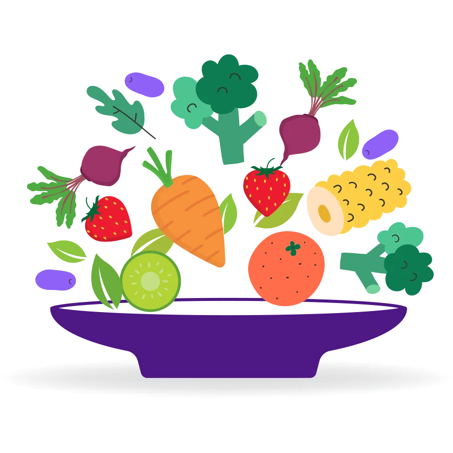 Playful Fruits and Vegetables Clipart: A Colorful Culinary Symphony on a Purple Plate