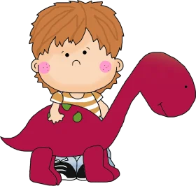 Adorable Little Boy Standing Beside Cute Red Dinosaur Cartoon Clipart Illustration