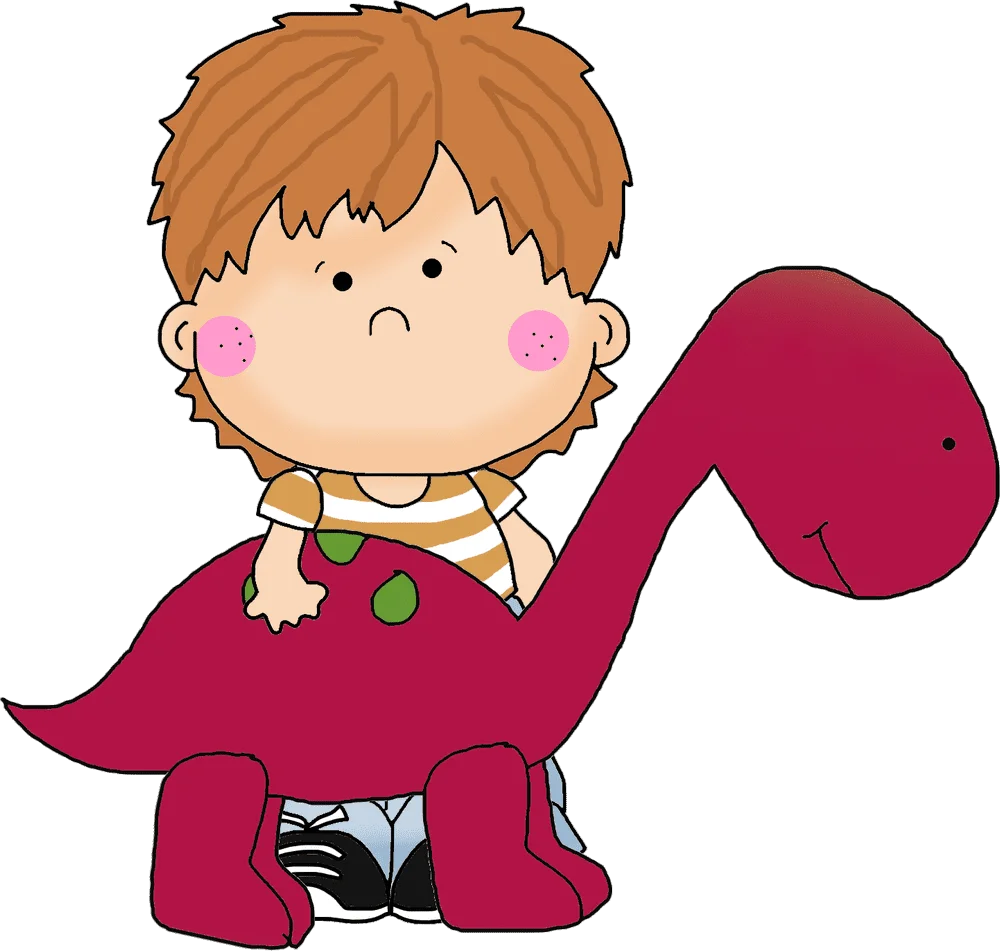 Adorable Little Boy Standing Beside Cute Red Dinosaur Cartoon Clipart Illustration