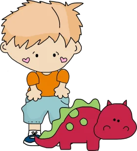 Adorable Little Boy with Friendly Red Dinosaur Cartoon Clipart Adventure