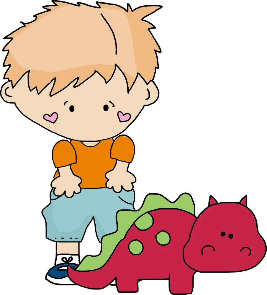 Adorable Little Boy with Friendly Red Dinosaur Cartoon Clipart Adventure