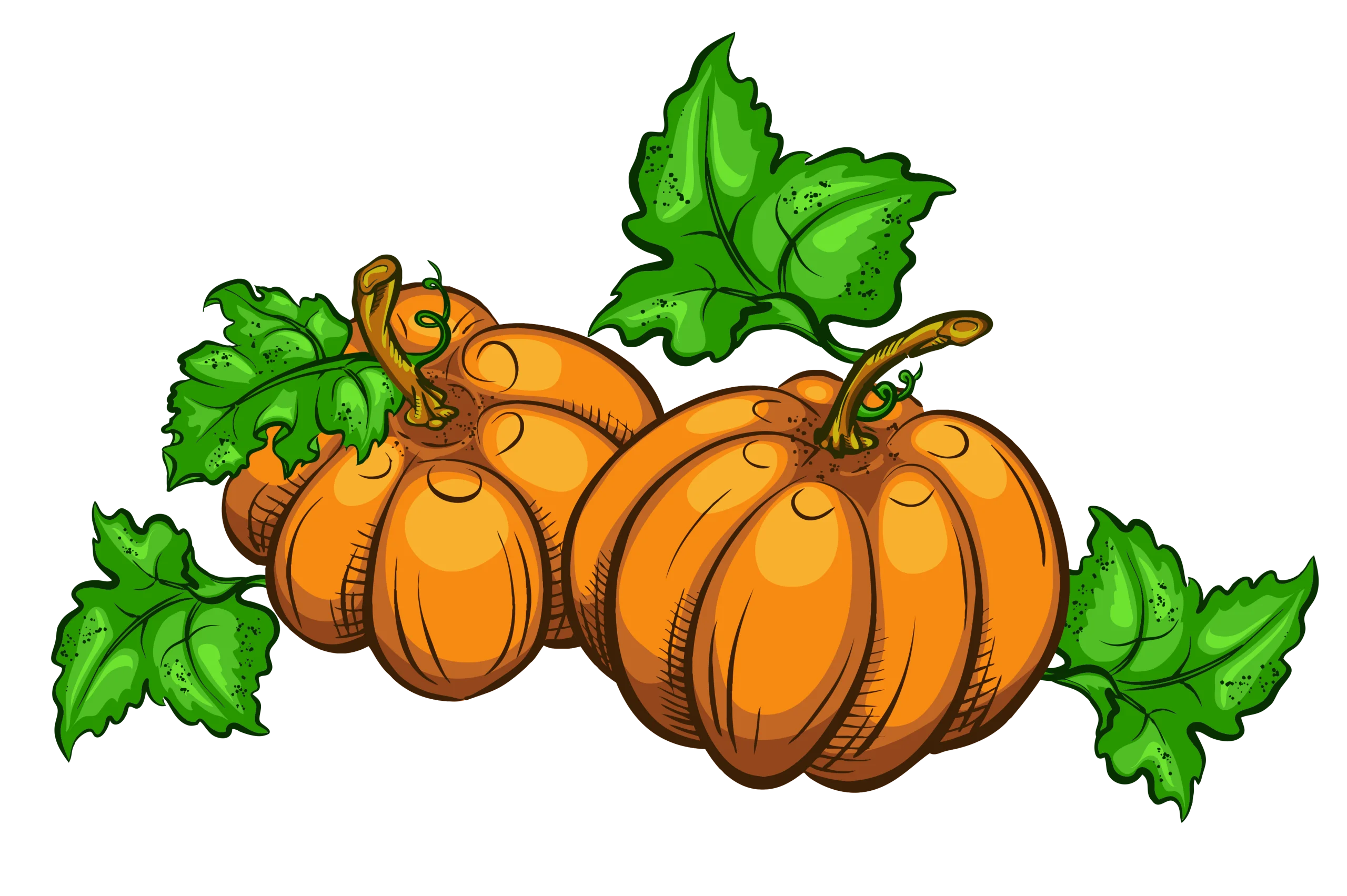 Charming Autumn Harvest Pumpkins Clipart with Lush Green Leaves Illustration