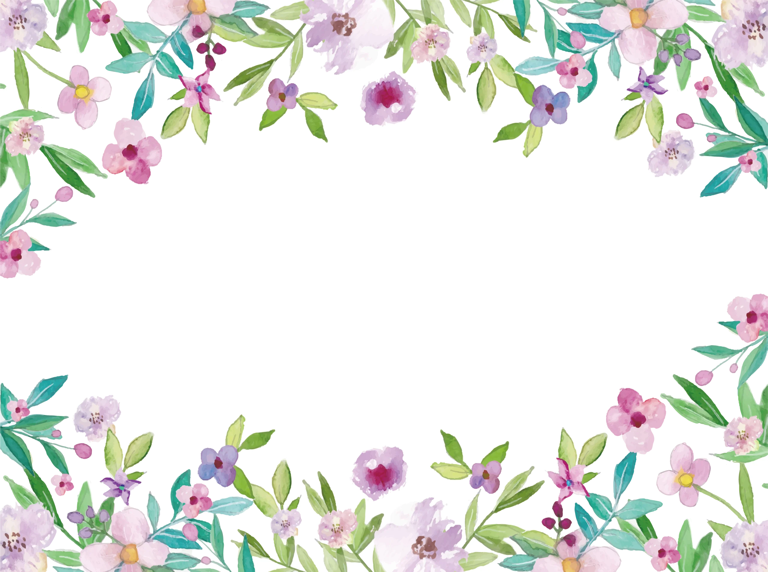 Delicate Watercolor Floral Border Clipart with Soft Pastel Blossoms and Green Leaves