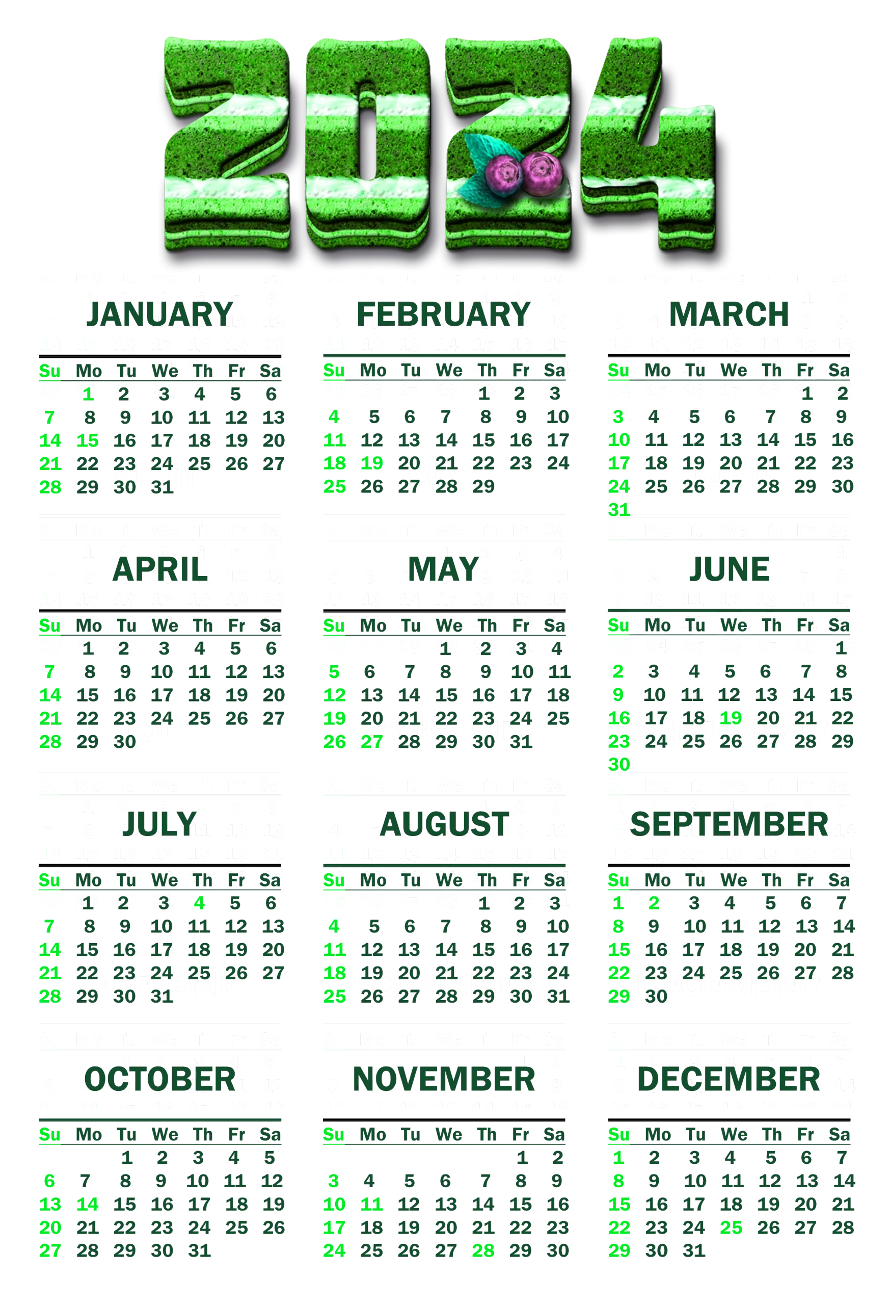 Eco-Friendly 2024 Annual Calendar Clipart with Verdant Green Design