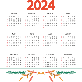 Elegant 2024 Annual Calendar Clipart with Decorative Botanical Border Design
