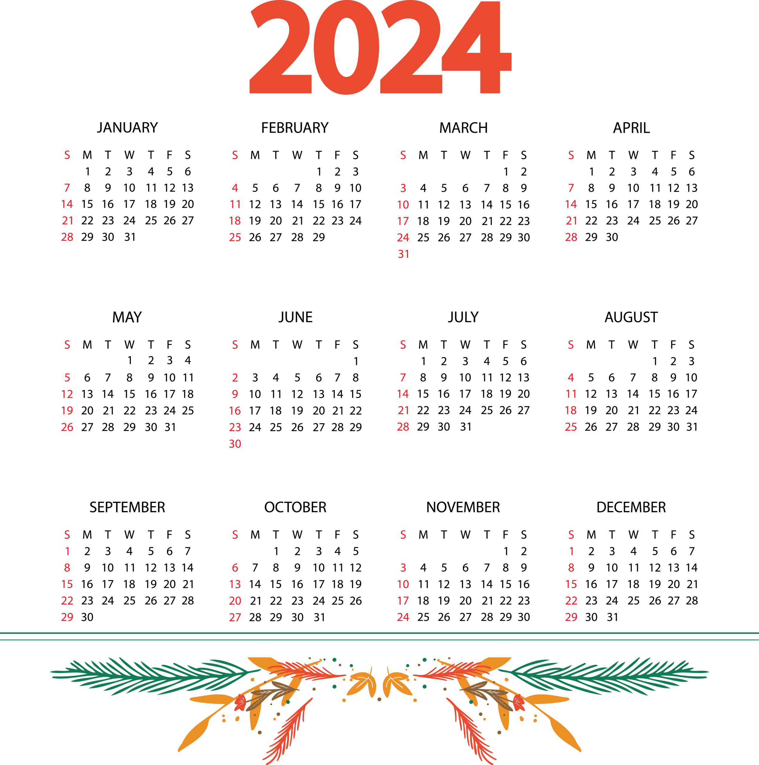 Elegant 2024 Annual Calendar Clipart with Decorative Botanical Border Design