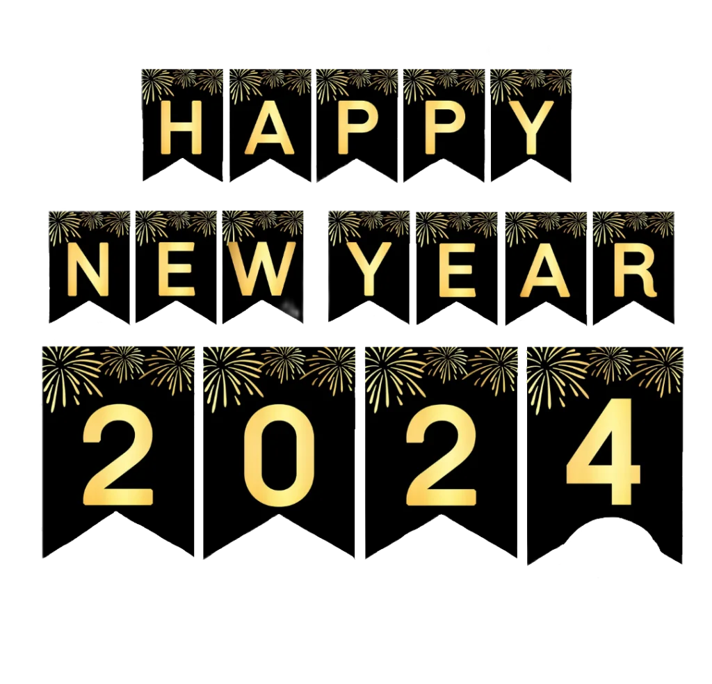Elegant Black and Gold Happy New Year 2024 Festive Celebration Clipart Design