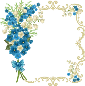 Elegant Blue Forget-Me-Not Floral Clipart Frame with Delicate Golden Ornamental Border