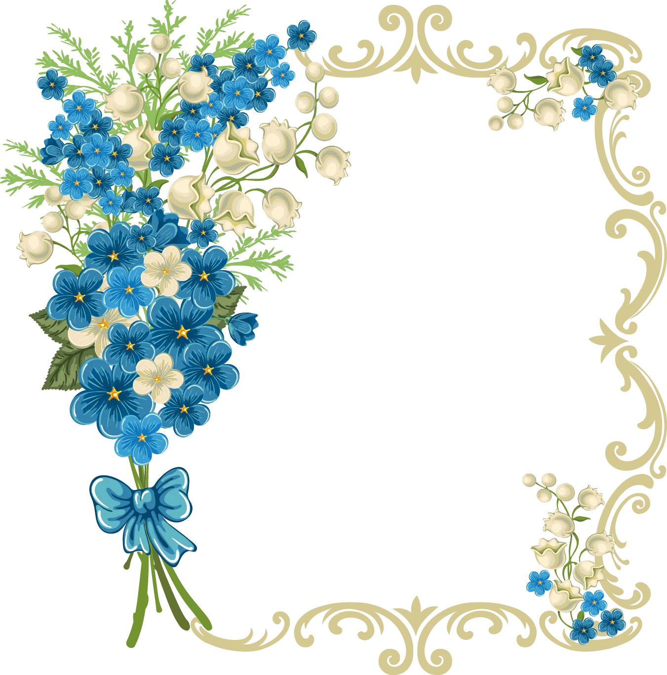 Elegant Blue Forget-Me-Not Floral Clipart Frame with Delicate Golden Ornamental Border