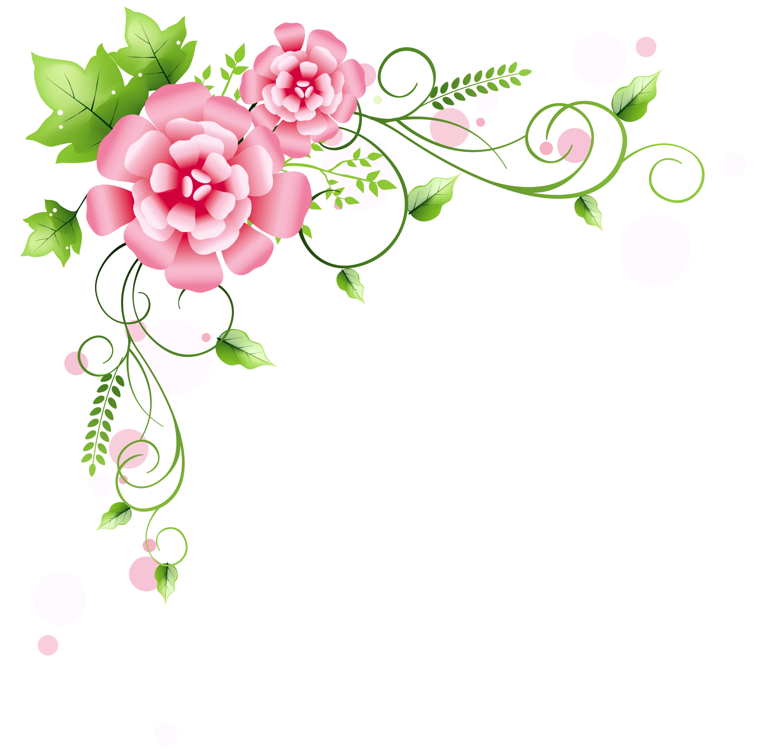 Elegant Pink Floral Watercolor Corner Clipart with Delicate Green Swirls