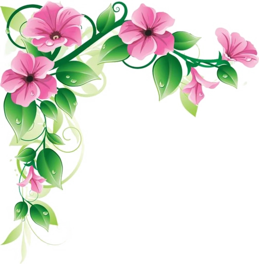 Elegant Pink Hibiscus Flower Corner Border Clipart with Swirling Green Leaves