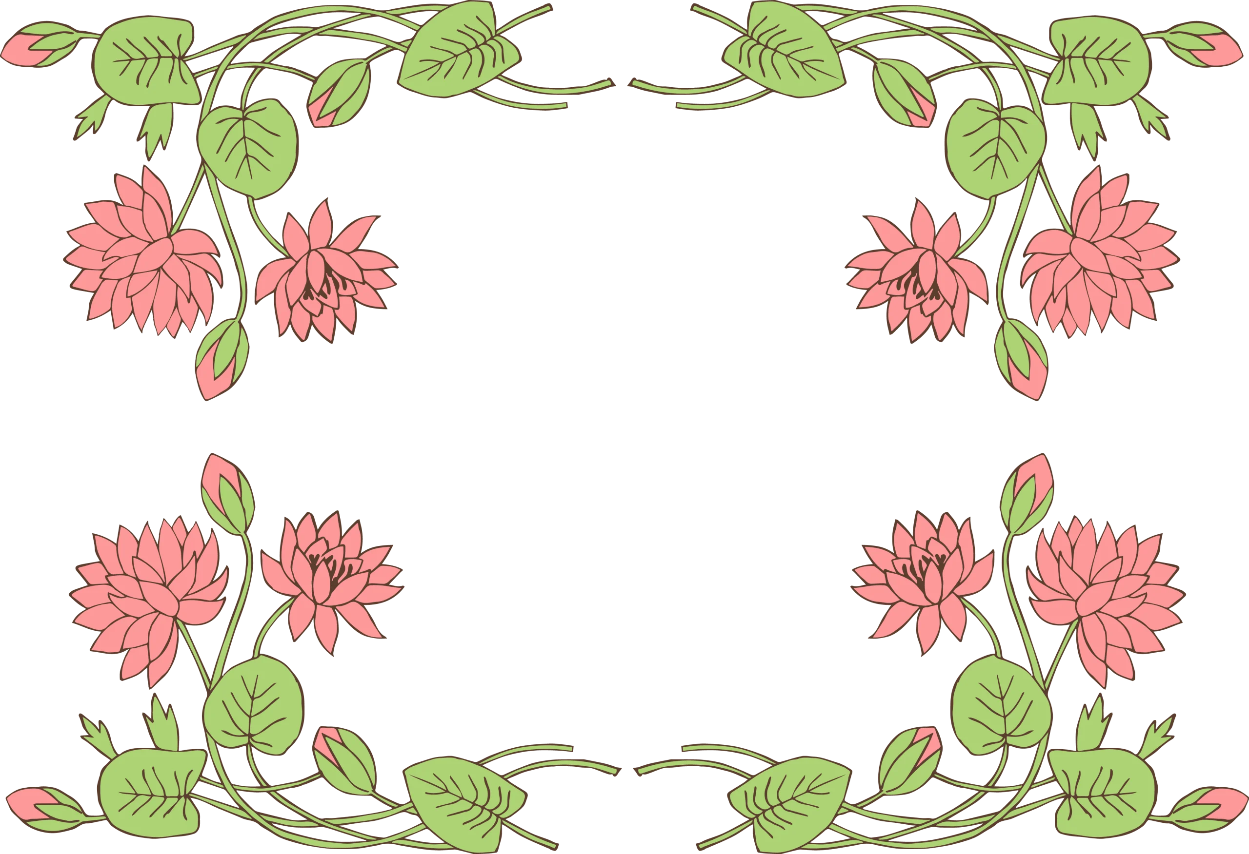 Elegant Soft Pink Lotus Flower and Green Leaf Ornamental Clipart Border Design