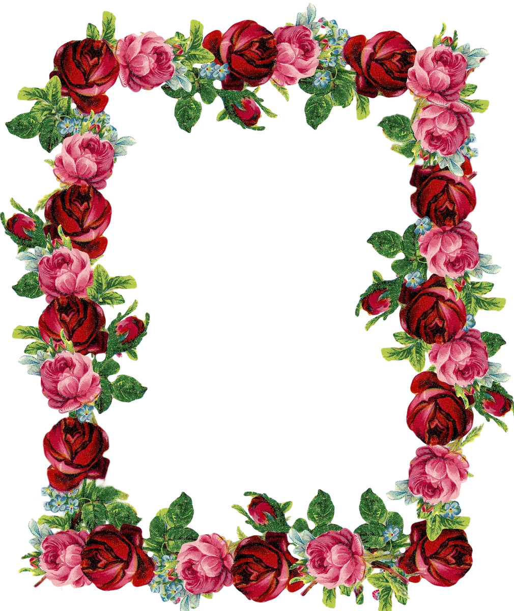 Elegant Vintage Roses Floral Frame Clipart with Romantic Red and Pink Blossoms