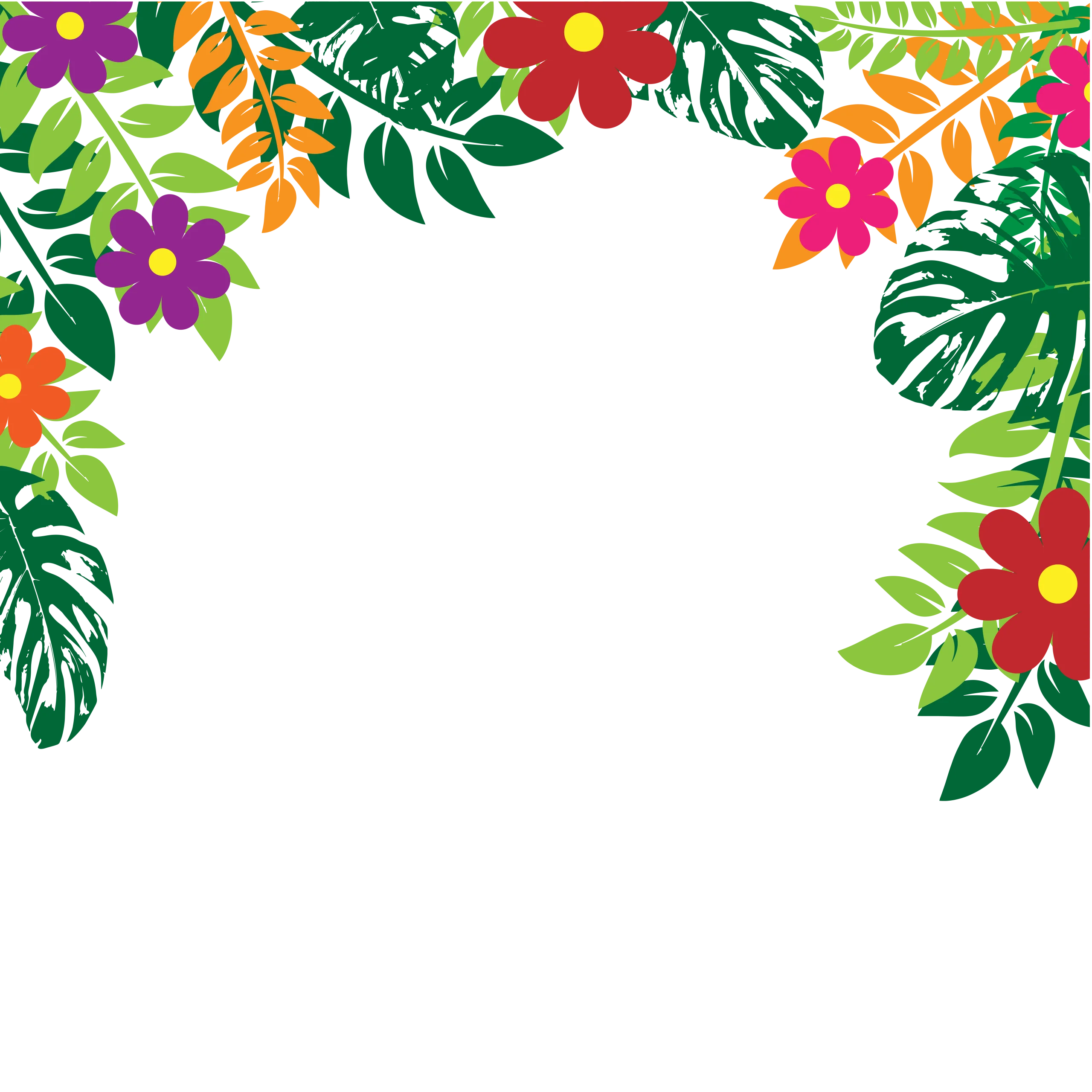 Exotic Tropical Flower Border Clipart with Lush Monstera Leaves and Colorful Blooms