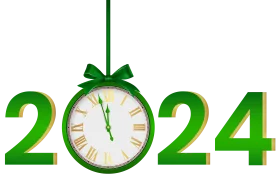 Festive Green 2024 New Year Celebration Clipart with Elegant Hanging Clock