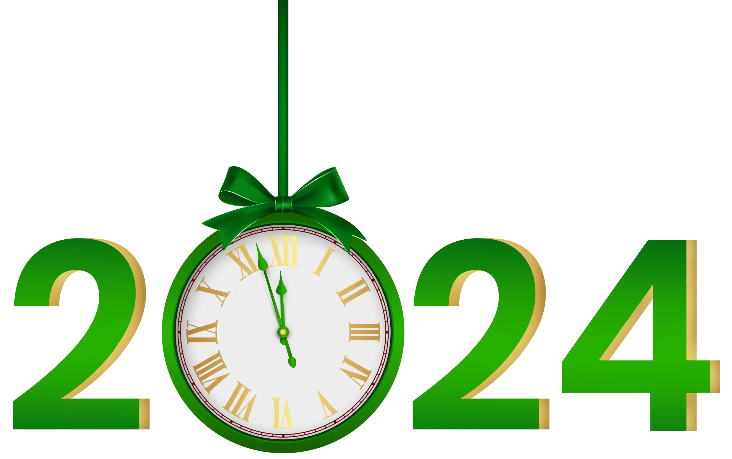 Festive Green 2024 New Year Celebration Clipart with Elegant Hanging Clock