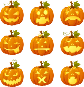 Festive Halloween Jack-o'-Lantern Clipart Collection with Expressive Carved Faces