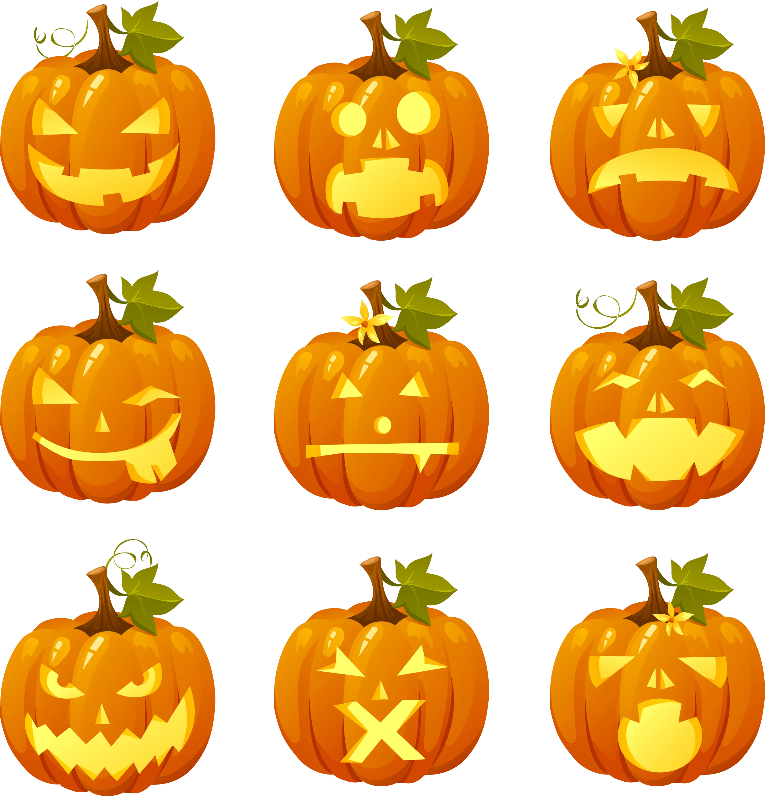 Festive Halloween Jack-o'-Lantern Clipart Collection with Expressive Carved Faces
