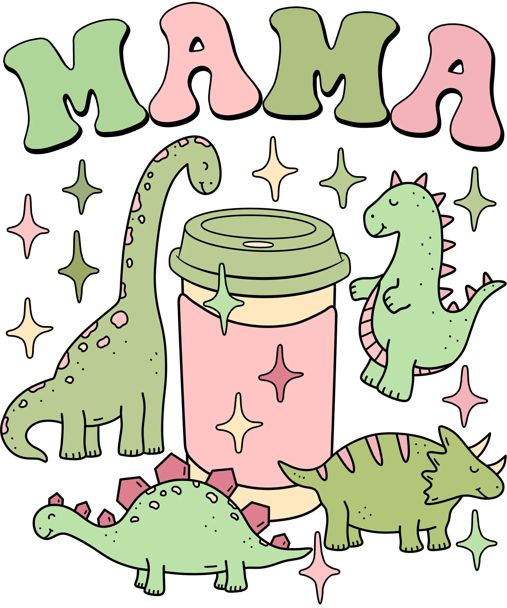 Mama's Cute Dinosaur Adventure with Coffee Tumbler Clipart Illustration