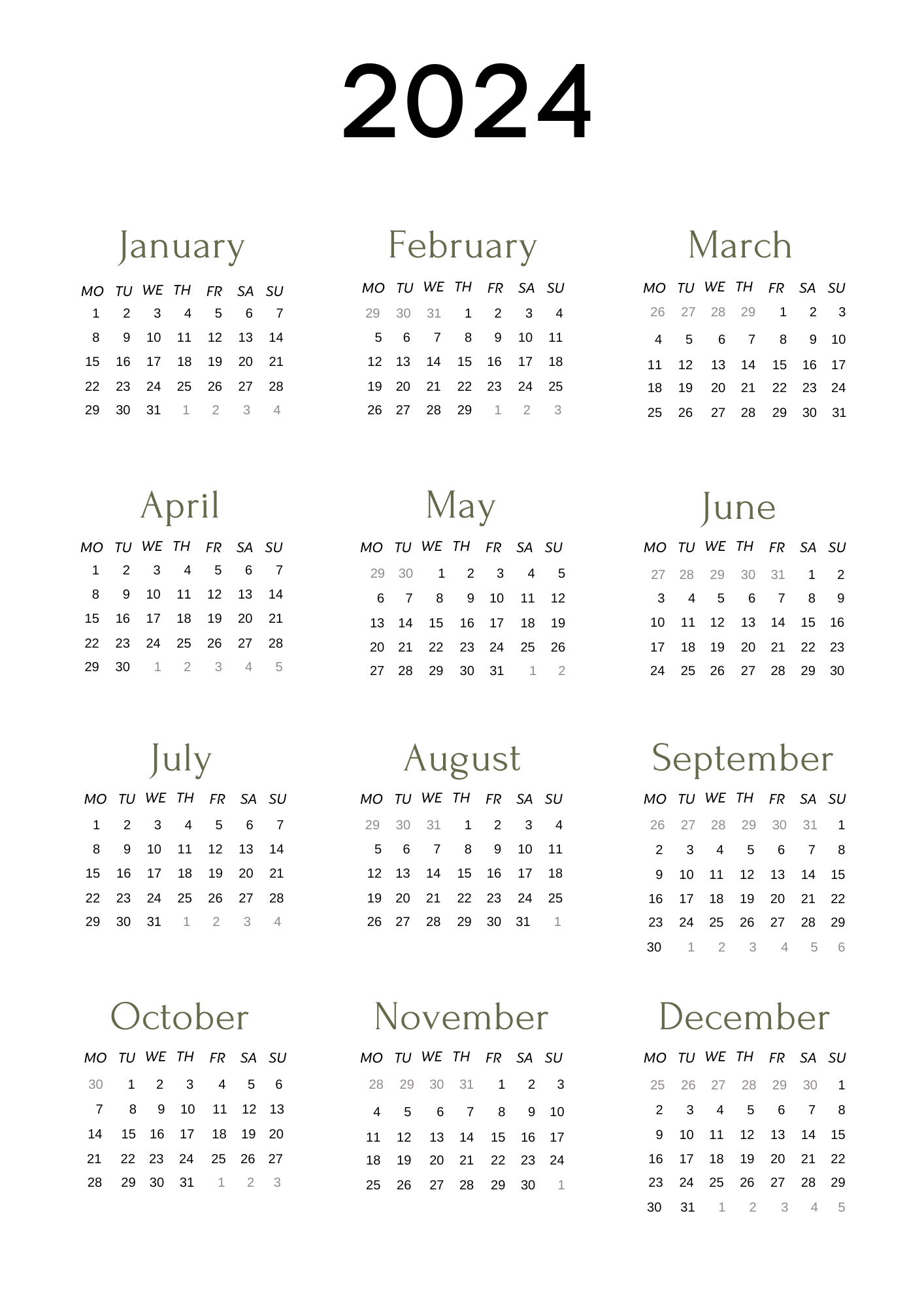 Minimalist 2024 Annual Calendar Clipart - Clean and Simple Yearly Planner Design