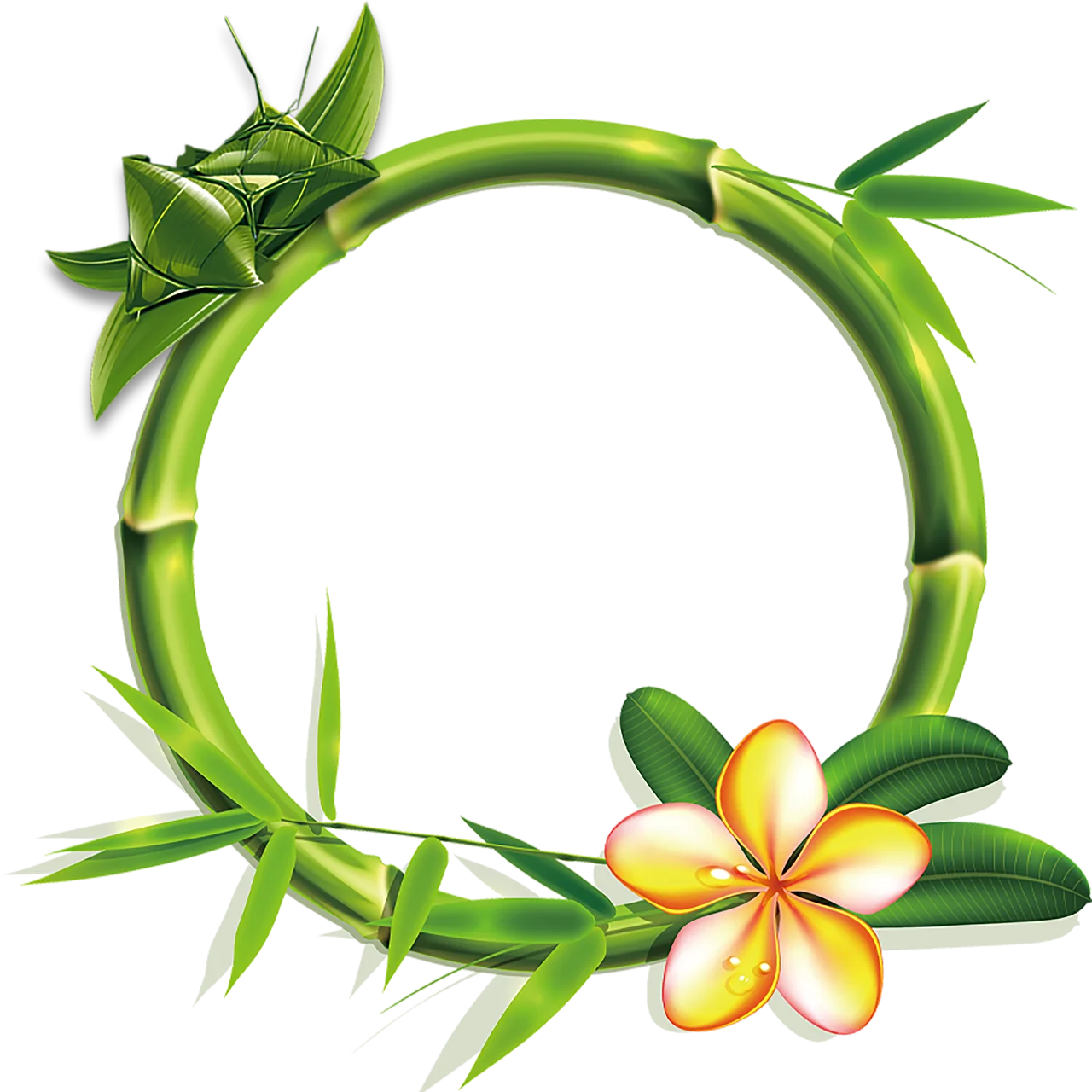 Serene Green Bamboo Circle Frame with Tropical Plumeria Flower Clipart Design