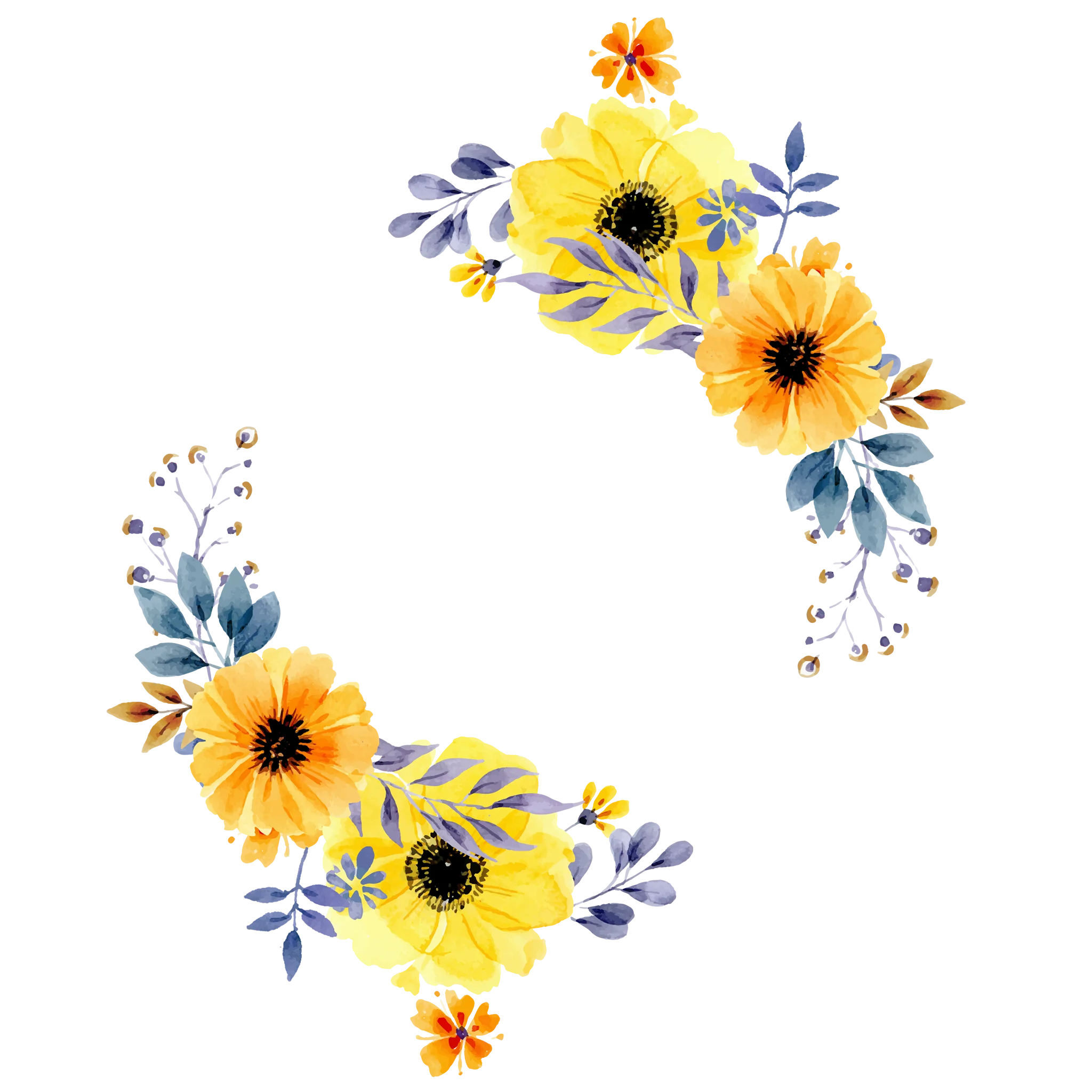 Sunlit Watercolor Sunflower and Periwinkle Floral Arrangement Clipart Design