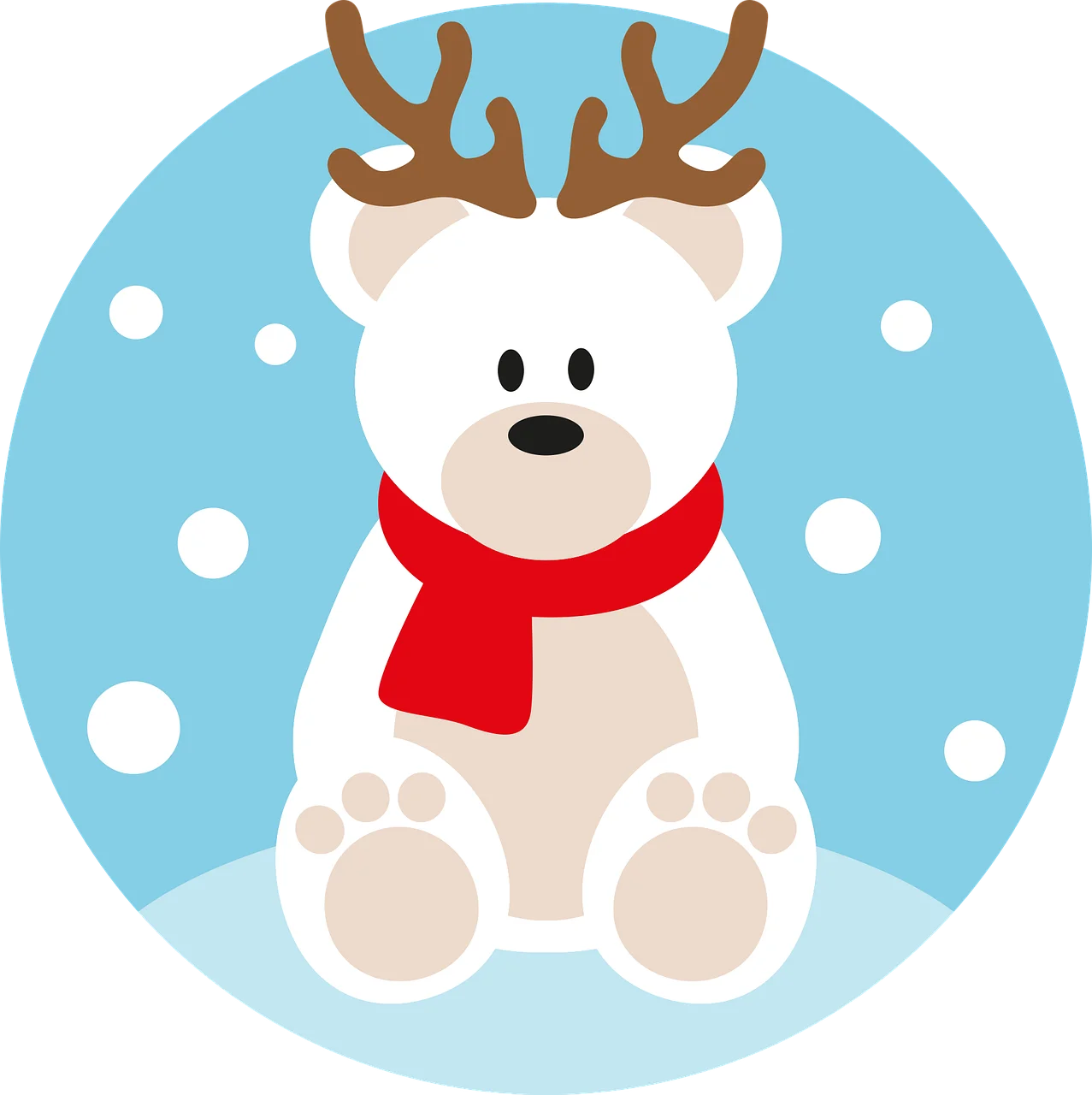 Adorable Winter Polar Bear Clipart with Reindeer Antlers and Cozy Red Scarf