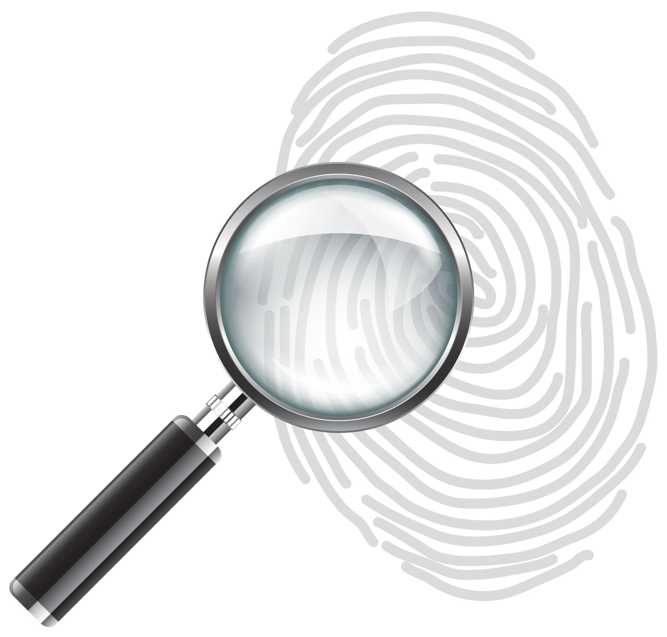 Professional Magnifying Glass Clipart Revealing Fingerprint Pattern in Grayscale