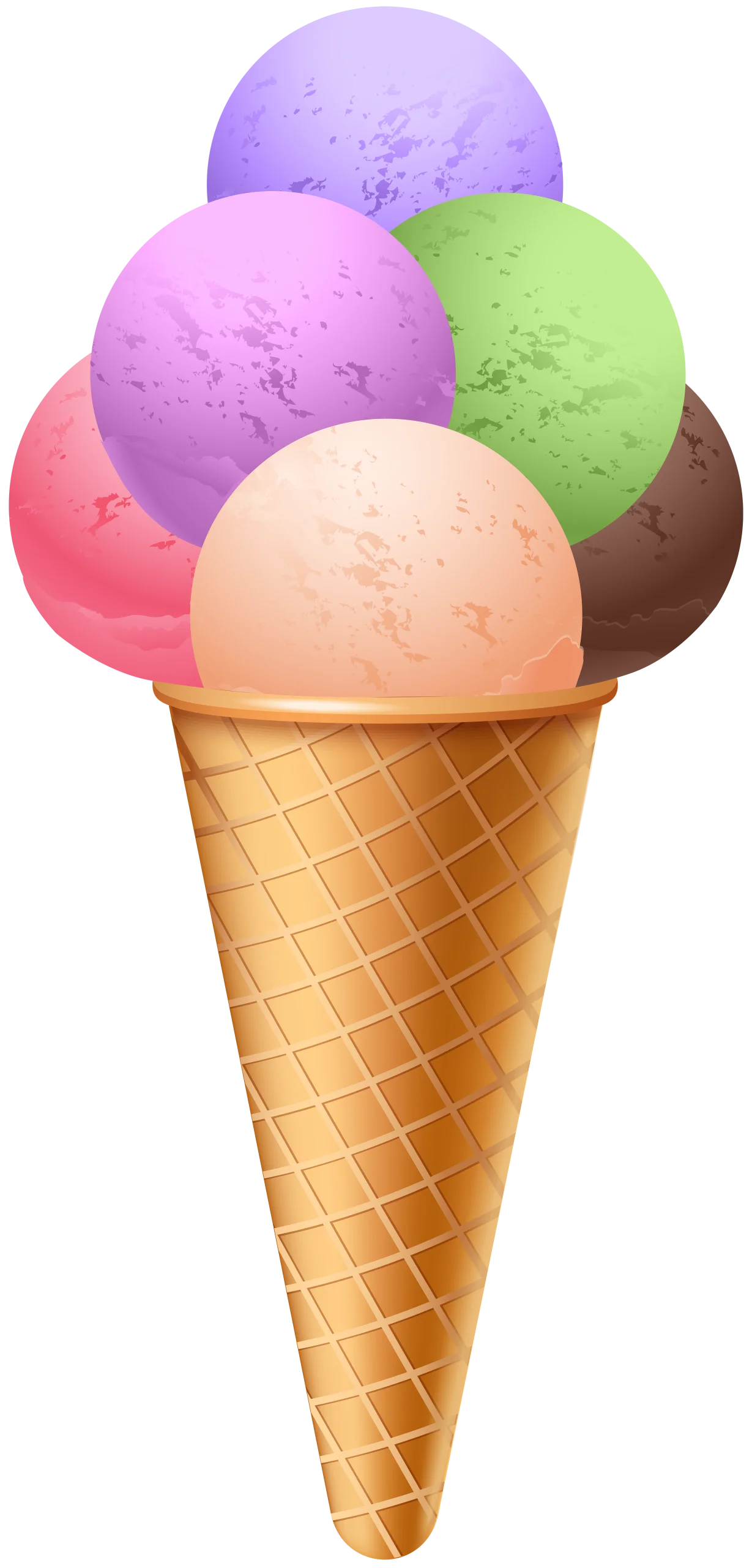 Delightful Multi-Flavor Ice Cream Cone Clipart with Pastel-Colored Scoops