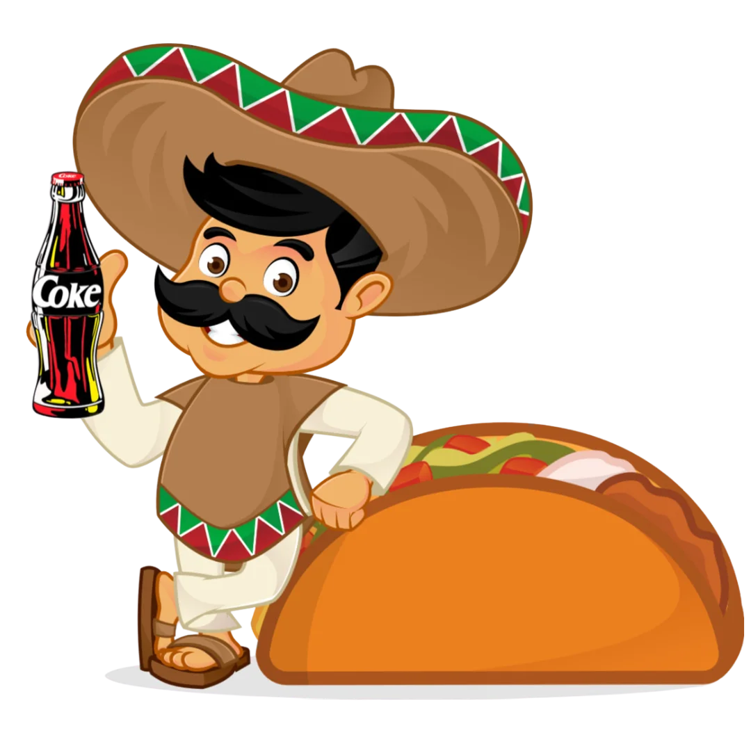 Mexican Chef Cartoon Clipart Holding Cola with Traditional Taco Illustration