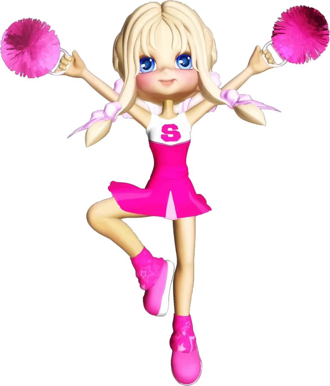 Adorable Pink Cheerleader Cartoon Clipart with Playful Pose and Pom-Poms