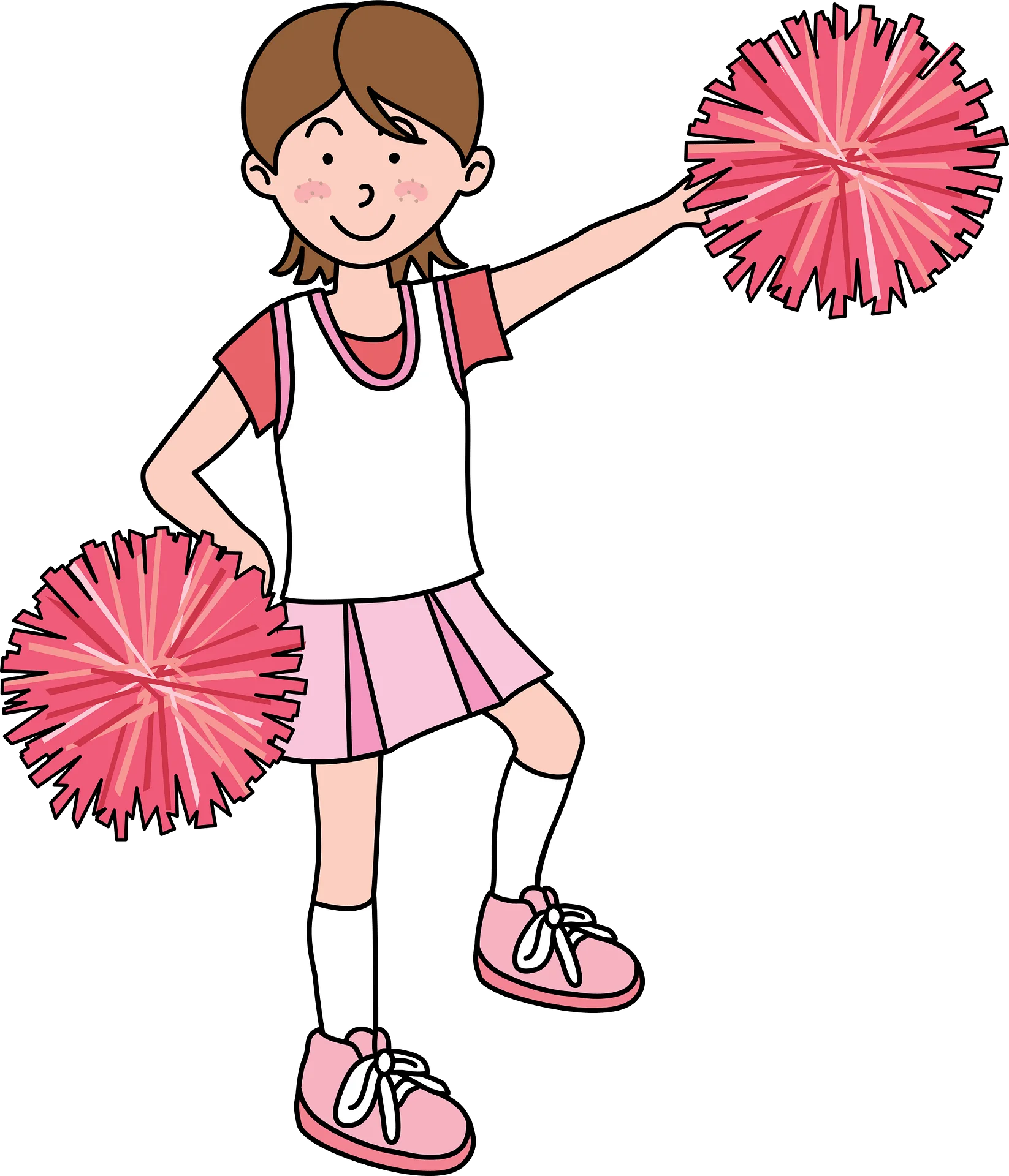 Adorable Young Cheerleader with Pink Pom-Poms Cartoon Clipart Illustration