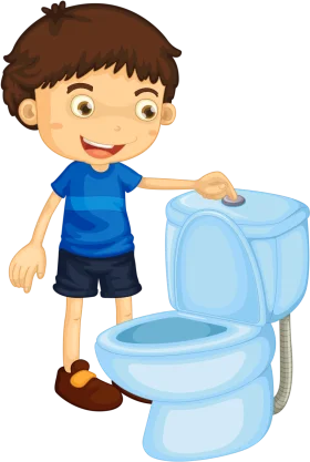 Cheerful Young Boy Standing Next to Blue Toilet Clipart Illustration