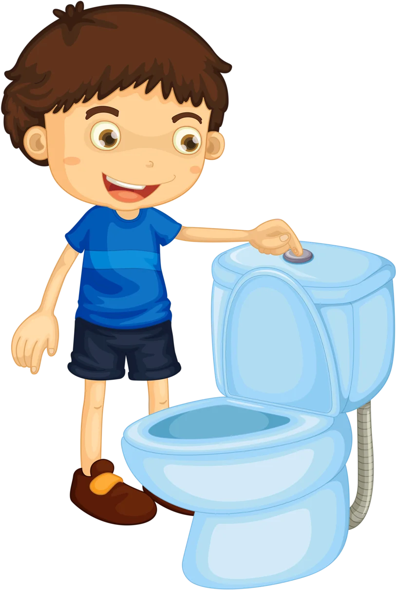Cheerful Young Boy Standing Next to Blue Toilet Clipart Illustration