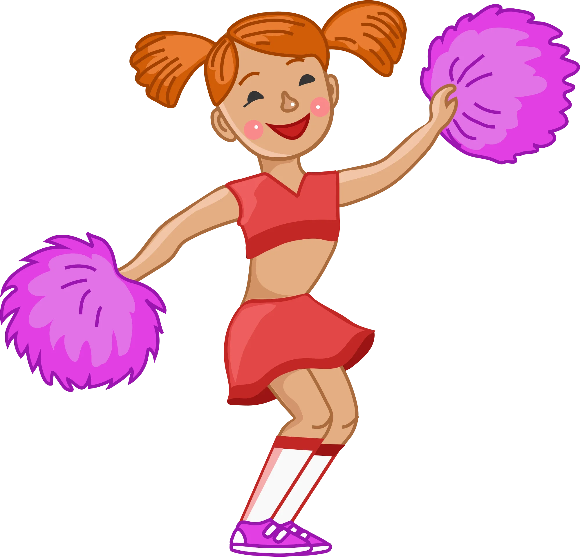 Cheerful Young Cheerleader Girl with Purple Pom-Poms Cartoon Clipart Design