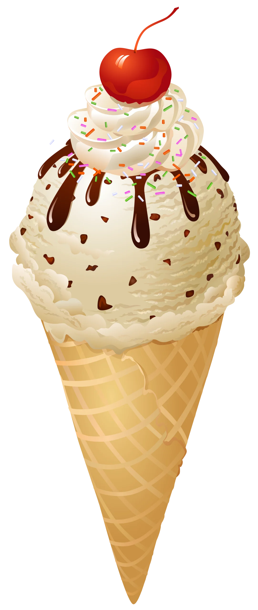 Delectable Vanilla Ice Cream Cone Clipart with Chocolate Drizzle and Cherry