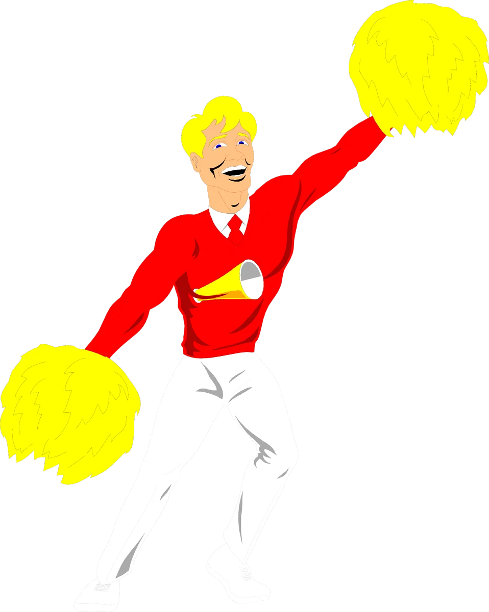 Dynamic Male Cheerleader in Red Uniform Performing with Bright Yellow Pom-Poms Clipart