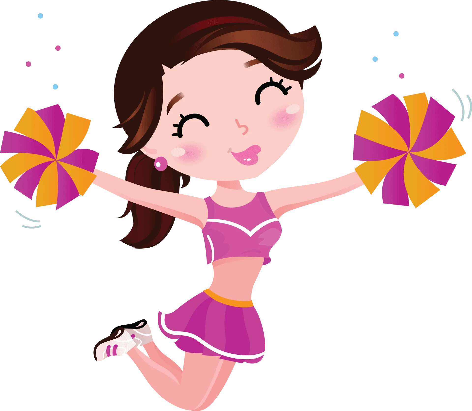 Energetic Young Cheerleader Jumping with Colorful Pom-Poms Cartoon Clipart