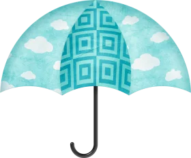 Whimsical Geometric Patterned Umbrella Clipart with Soft Cloud Background