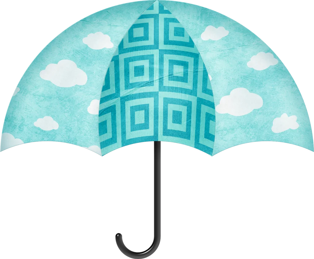 Whimsical Geometric Patterned Umbrella Clipart with Soft Cloud Background