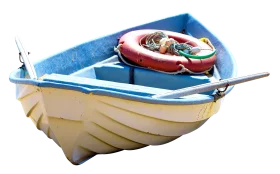 Charming Nautical Wooden Boat Clipart with Blue Accent and Inflatable Ring