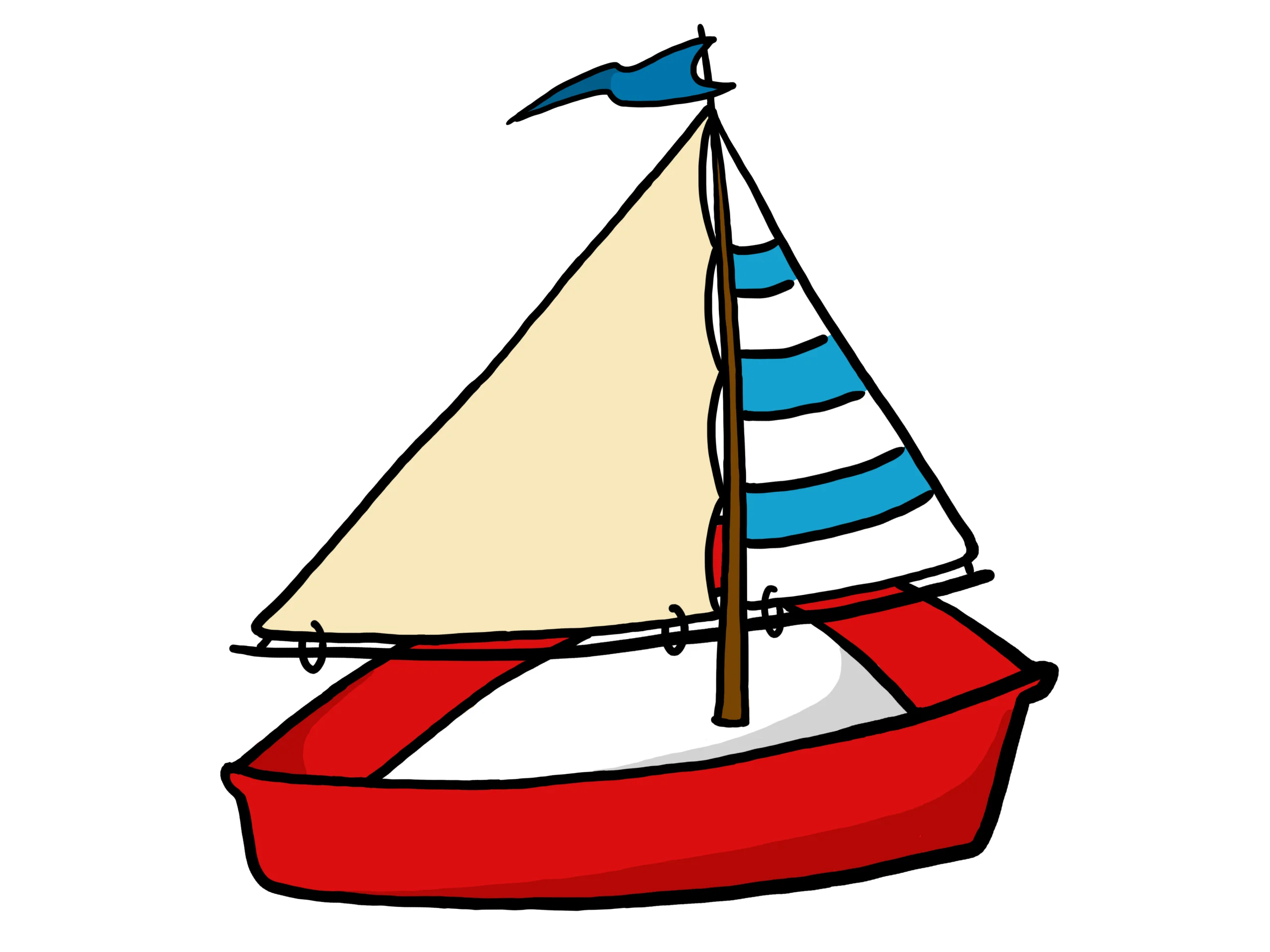 Charming Sailboat Clipart with Red Hull and Striped Blue-White Sail
