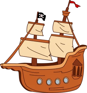 Classic Wooden Pirate Ship Clipart with Black Jolly Roger Flag and Billowing Sails