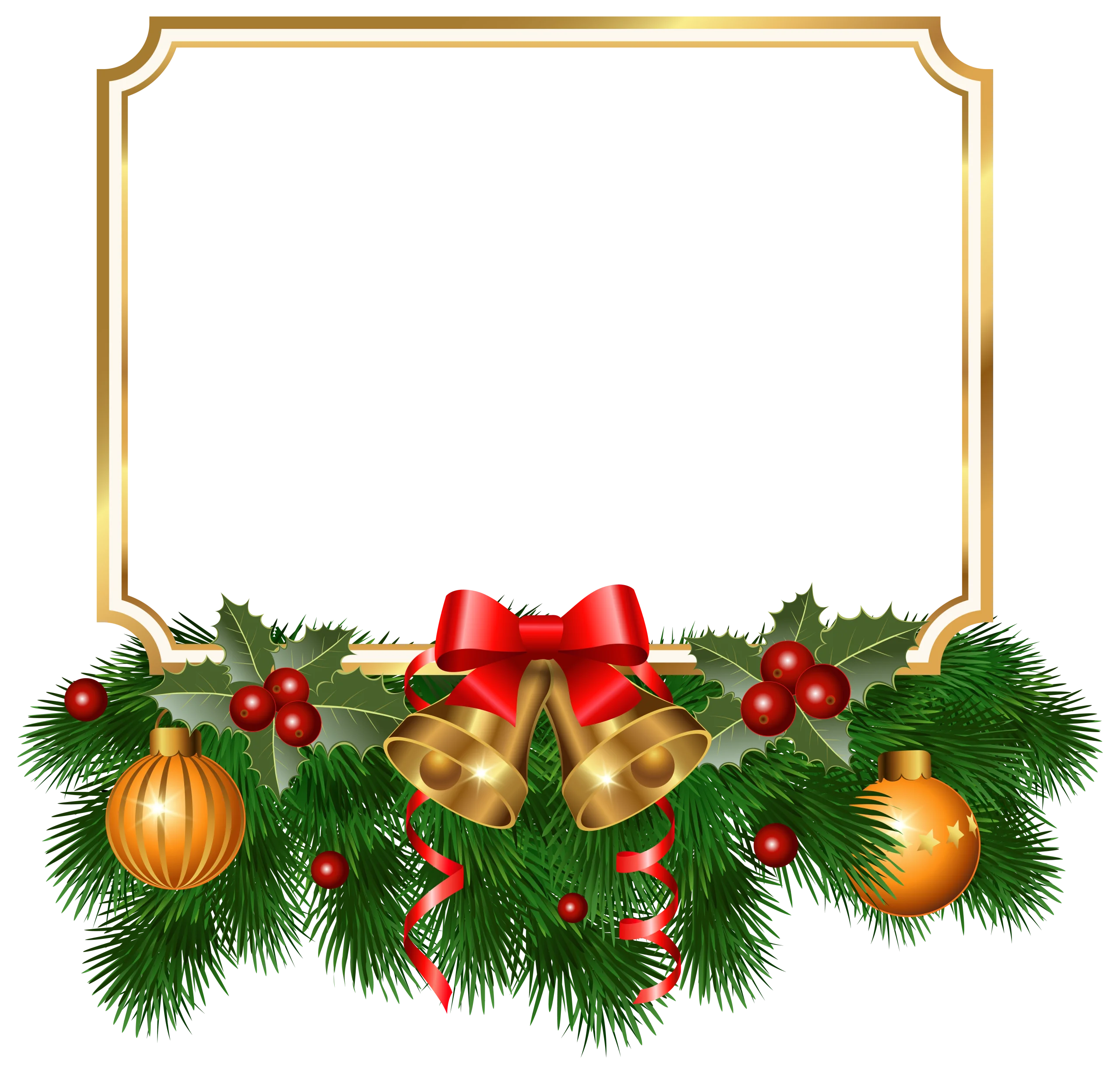 Festive Christmas Border Clipart with Golden Bells, Ornaments, and Holly Leaves