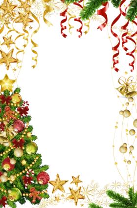 Festive Christmas Border Clipart with Golden Stars, Ornaments, and Pine Branches