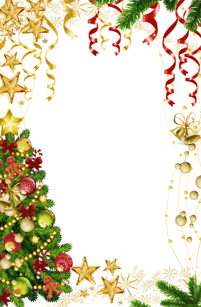 Festive Christmas Border Clipart with Golden Stars, Ornaments, and Pine Branches