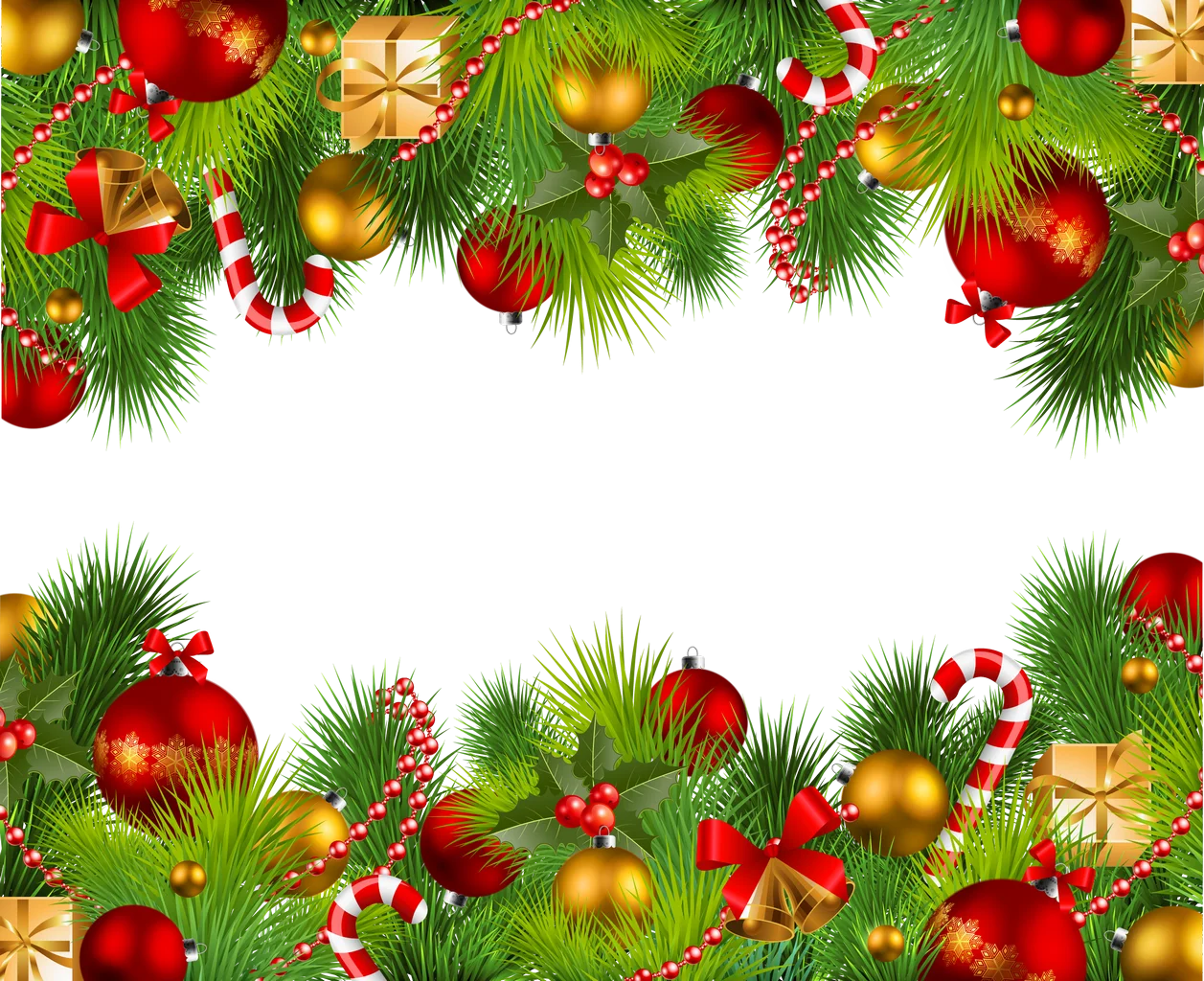 Festive Christmas Border Clipart with Ornaments, Pine Branches, and Holiday Decorations