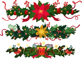 Festive Christmas Garland Clipart with Poinsettias, Ribbons, and Evergreen Foliage
